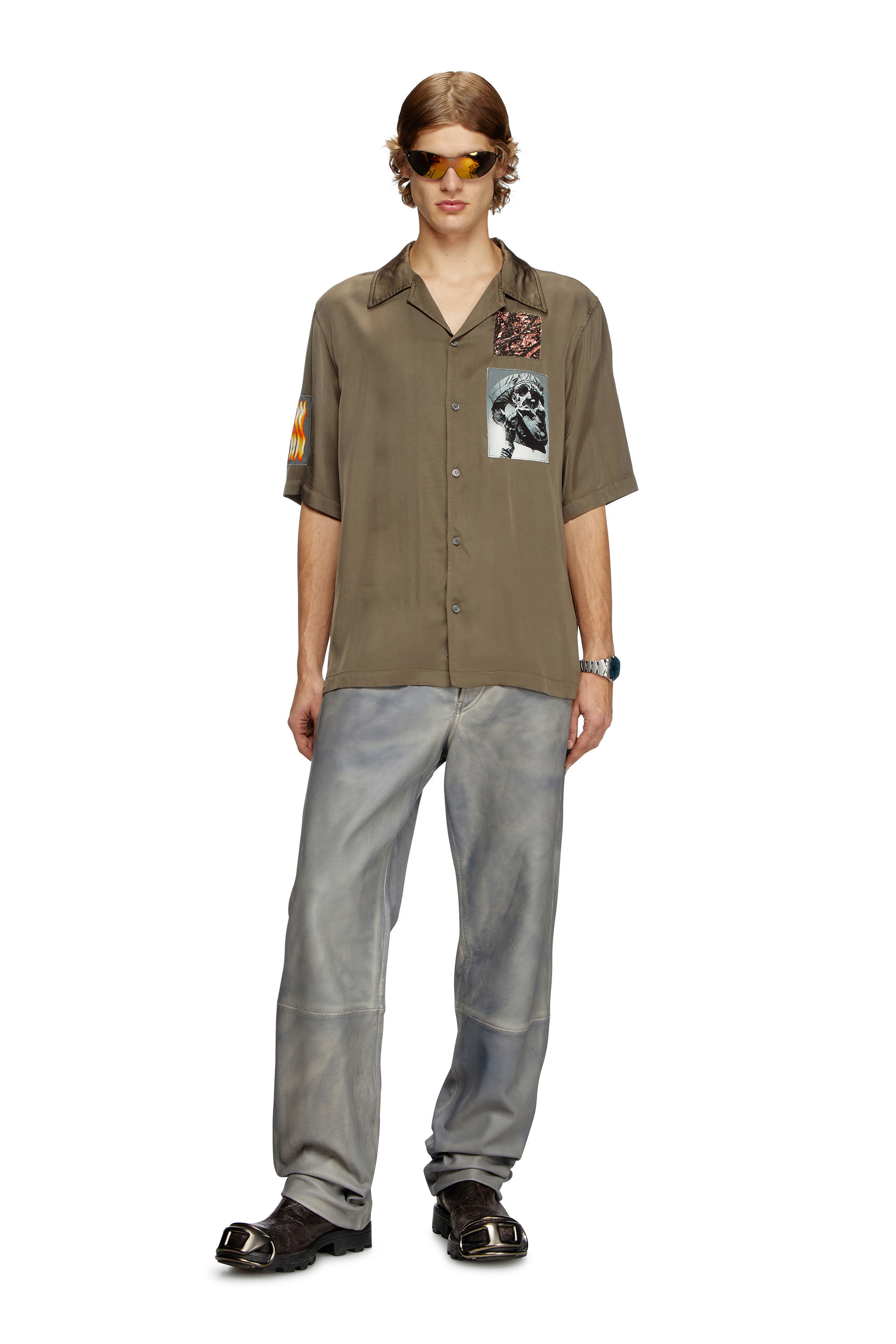 Diesel - S-DAXHE, Herren Kurzarm-Hemd aus Satin mit Patches in Armeegrün - 1