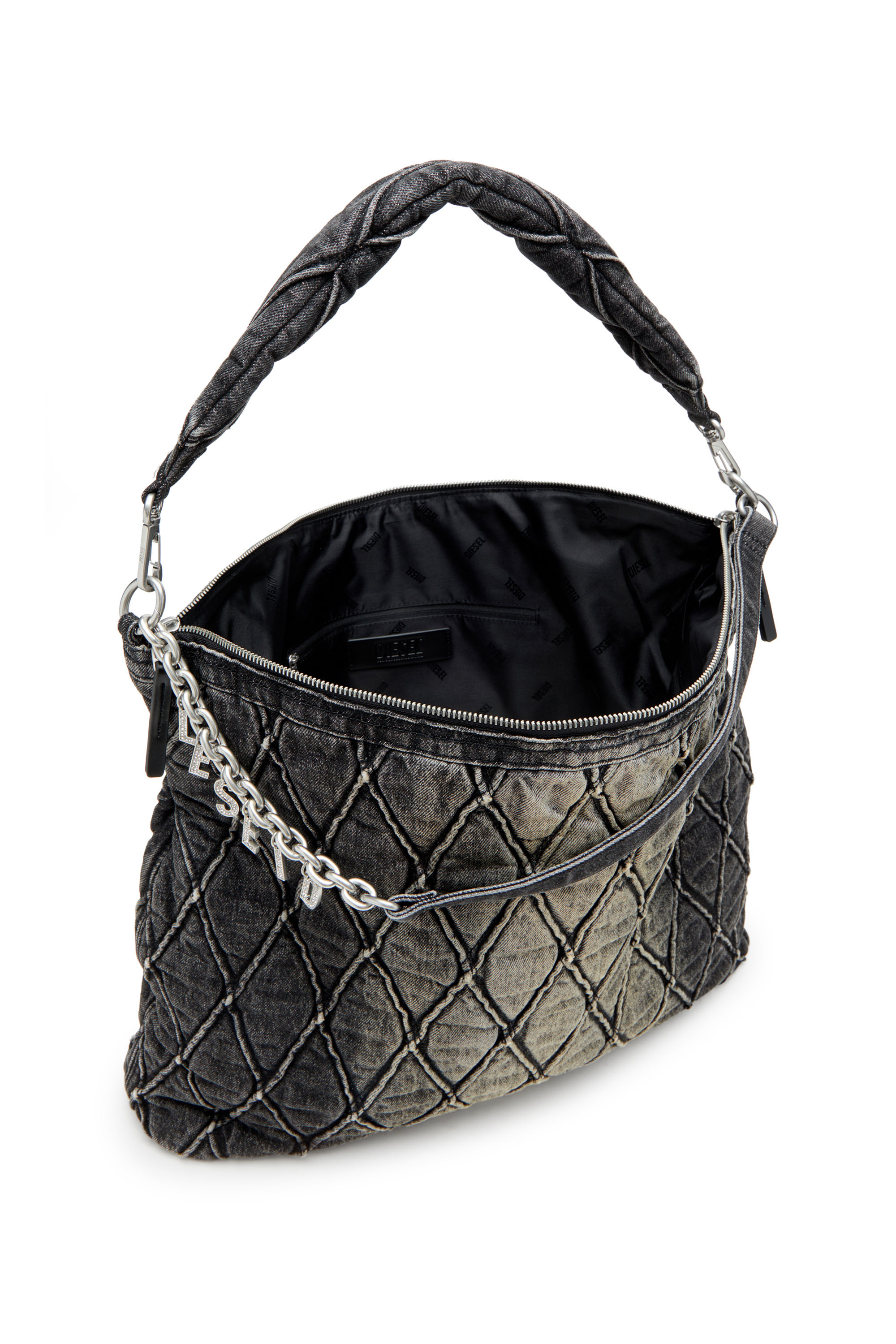Diesel - CHARM-D HOBO, Charm-D-Borsa hobo large in denim trapuntato e trattato Donna in Nero - 4