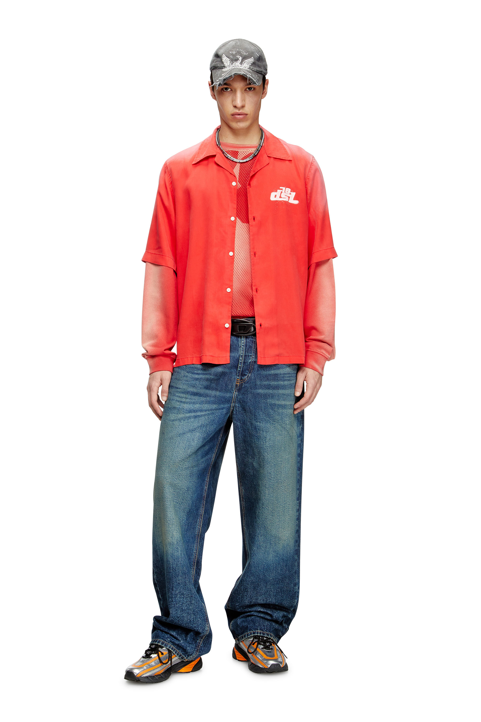 Diesel - S-ELLY, Camicia bowling sfumata con stampe logo Uomo in Rosso - 2