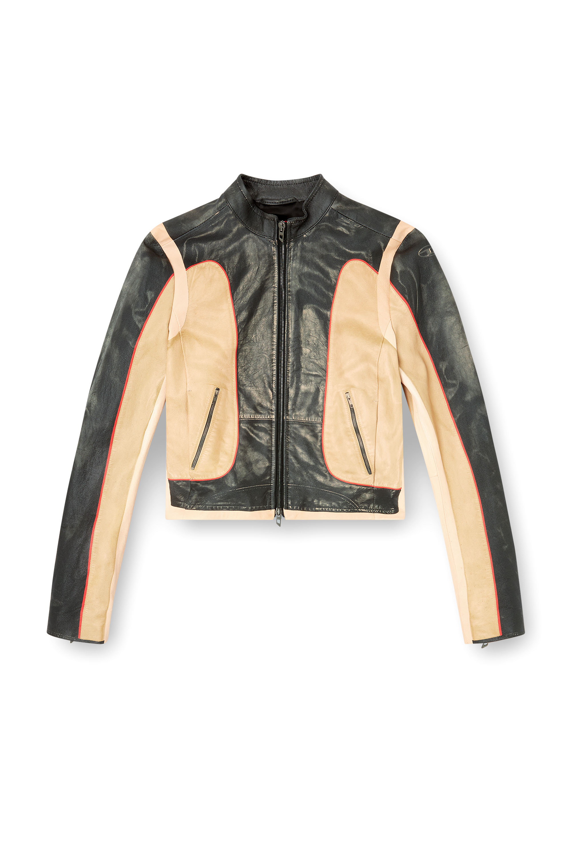 Diesel - L-OONIE, Damen Bikerjacke aus Leder in Trompe l'œil-Optik in Beige/Schwarz - 3